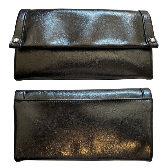 Womens Black Patent Faux Leather TriFold Wallet Silver Rivet Detail Zippered EUC - Picture 2 of 12